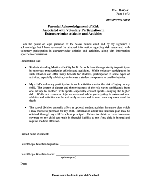 Parental Acknowledgement of Risk for Extracurricular Activities