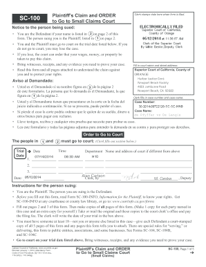 California Small Claims Court Plaintiff's Claim and Order