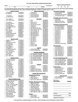 High School Course Selection Sheet