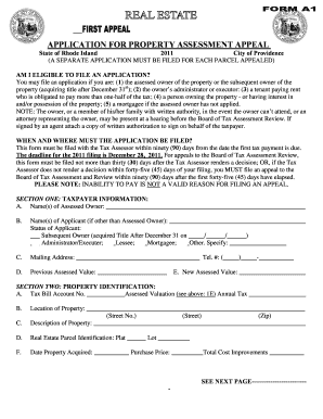 Rhode Island Property Assessment Appeal Application