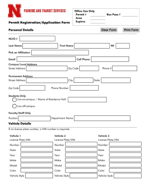 UNL Parking Permit Application Form