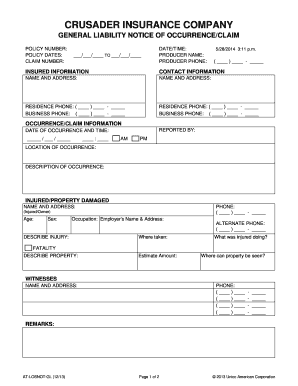 Crusader Insurance General Liability Claim Form