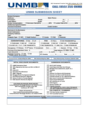 UNMB Mortgage Loan Submission Sheet