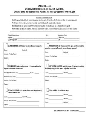 Union College Course Registration Override Form