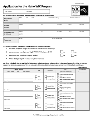 Idaho WIC Program Application Form 101E
