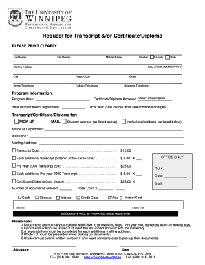 Request for Transcript &/or Certificate/Diploma