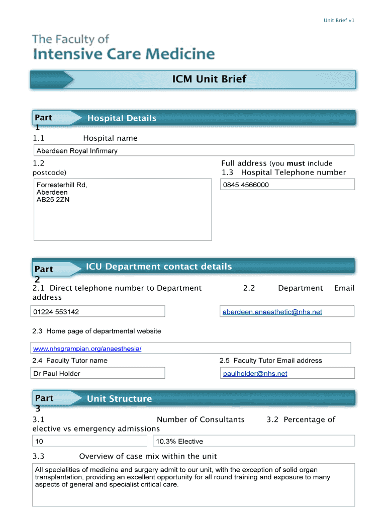 Fillable Online ficm ac Aberdeen Royal Infirmary Unit Brief Fax Email
