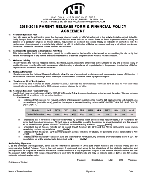 2015-2016 Parent Release Form & Financial Policy Agreement