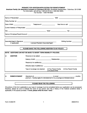 AFLAC Policy Addition/Reinstatement Form
