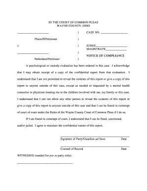 Notice of Compliance for Psychological or Custody Evaluation