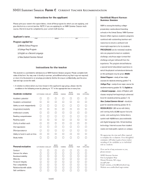 NMH Summer Session Teacher Recommendation Form