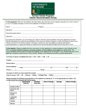 Teacher Recommendation Survey for Summer Scholar Programs