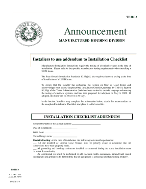 Texas Installation Checklist Addendum