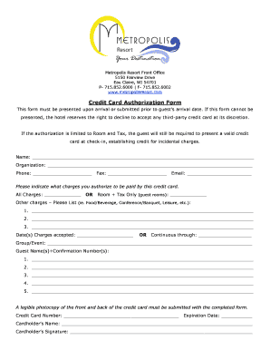 Metropolis Resort Credit Card Authorization Form