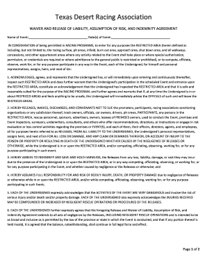 Texas Desert Racing Association Waiver and Release