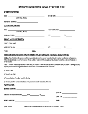Arizona Private School Affidavit of Intent