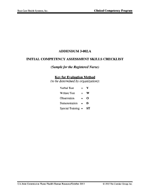 Initial Competency Assessment Skills Checklist for Registered Nurse