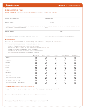 InterExchange Camp USA Skill Reference Form