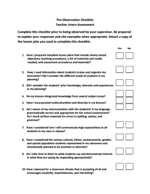 Teacher Intern Assessment Pre-Observation Checklist