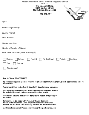 Speaker Repair Service Form
