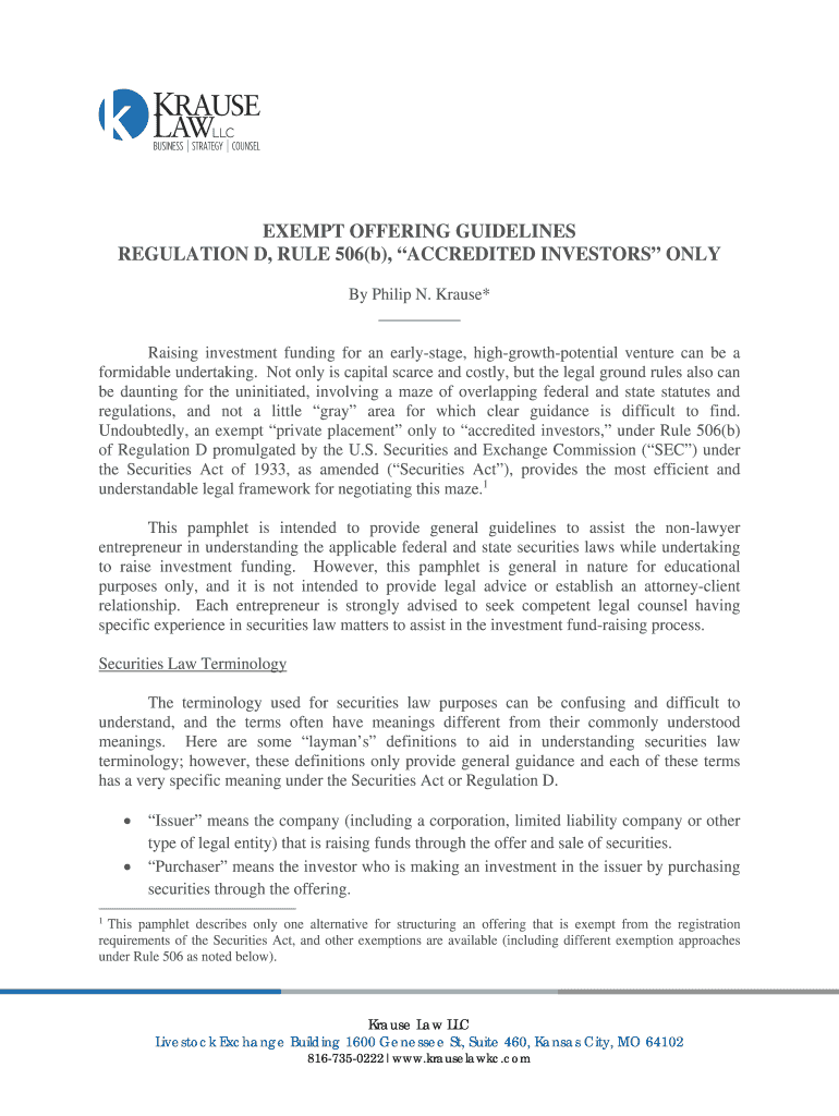Fillable Online EXEMPT OFFERING GUIDELINES REGULATION bDb RULE 506b bb