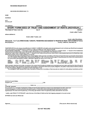 California Short Form Deed of Trust and Assignment of Rents