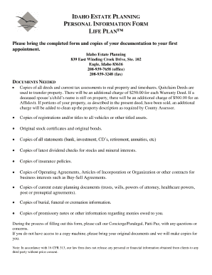 Idaho Estate Planning Personal Information Form