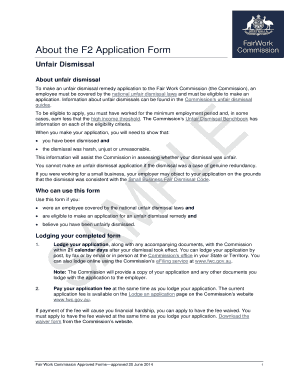 Fair Work Commission Unfair Dismissal Application Form F2