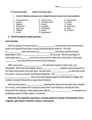 6th Grade Social Studies Midterm Test Review Sheet