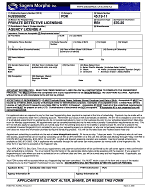 New Jersey Private Detective Licensing Fingerprint Form