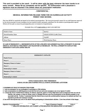 Medical Information Release Form for Co-Curricular Activity