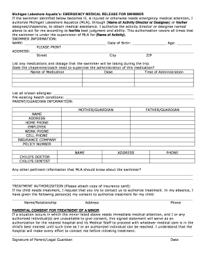 Michigan Lakeshore Aquatics Emergency Medical Release
