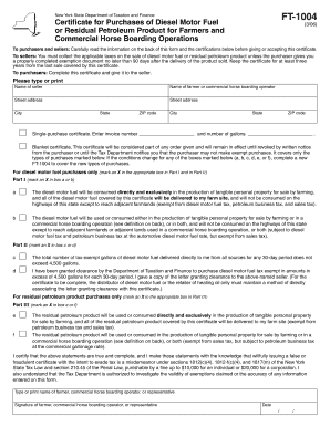 New York State FT-1004 Certificate for Diesel Fuel Purchases