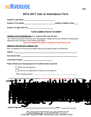 2016-2017 Cost of Attendance Form
