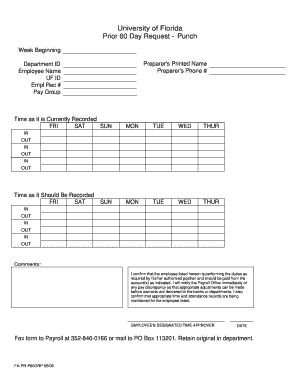 University of Florida Prior 60 Day Request Punch Form