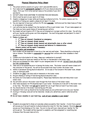 Physical Education Policy Sheet