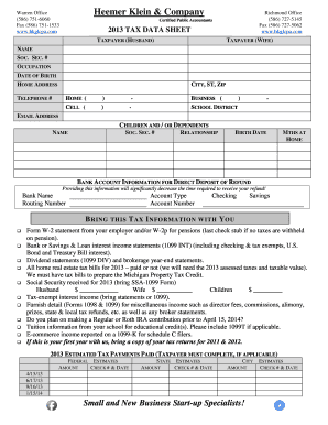 2013 Tax Data Sheet