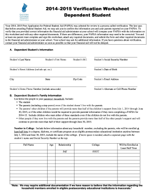 2014–2015 Verification Worksheet Dependent Student