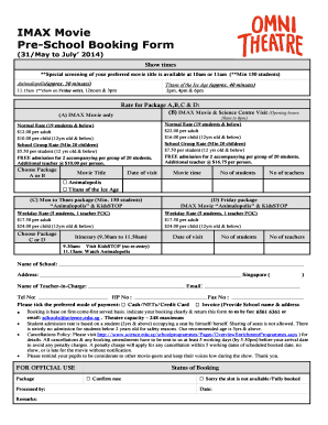 IMAX Movie Pre-School Booking Form