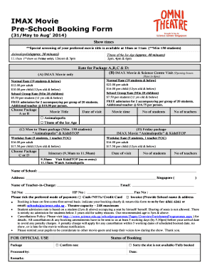 IMAX Movie Pre-School Booking Form