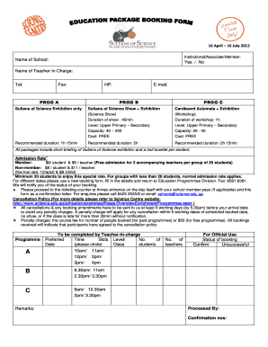 Science Centre Singapore School Programme Booking Form