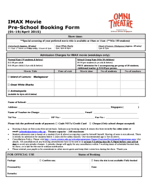 IMAX Movie Pre-School Booking Form