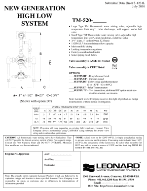 Submittal Data Sheet for Thermostatic Water Mixing Valve