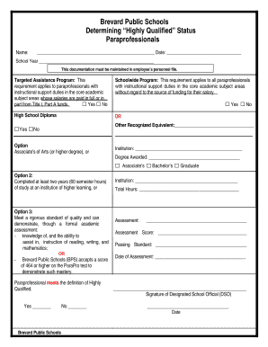 Paraprofessional Highly Qualified Status Form