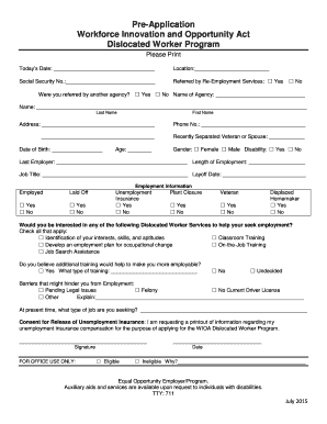 WIOA Dislocated Worker Program Pre-Application