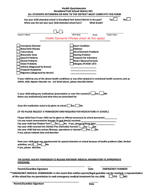 Health Questionnaire for Woodland Park School District