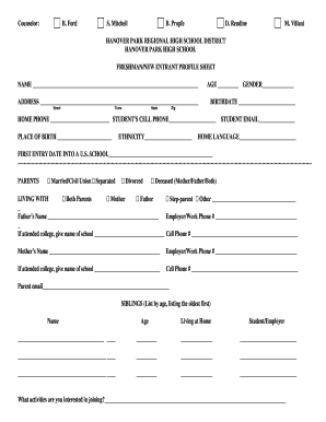 Freshman Entrant Profile Sheet
