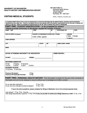 University of Rochester Health History and Immunization Report