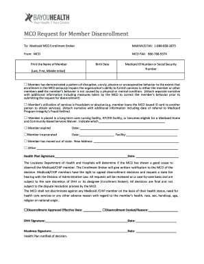 MCO Request for Member Disenrollment