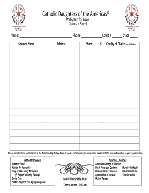 Catholic Daughters Walk/Run Sponsor Sheet